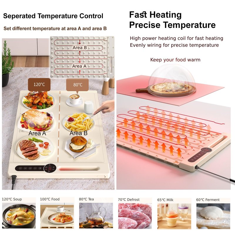 RawecuDex Food Warming Mat 2025, Thicken Fast Heating Silicone Electric Warming Tray, 2 Heating Areas, 7 Level Temperature and 6 Timer, Food Heating Mat for Countertop Parties Home Travel