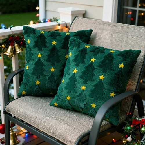 Hongsome Green Christmas Decor | Plush Faux Fur Throw Pillow Covers - Set of 2, 18x18in, Xmas Tree Design