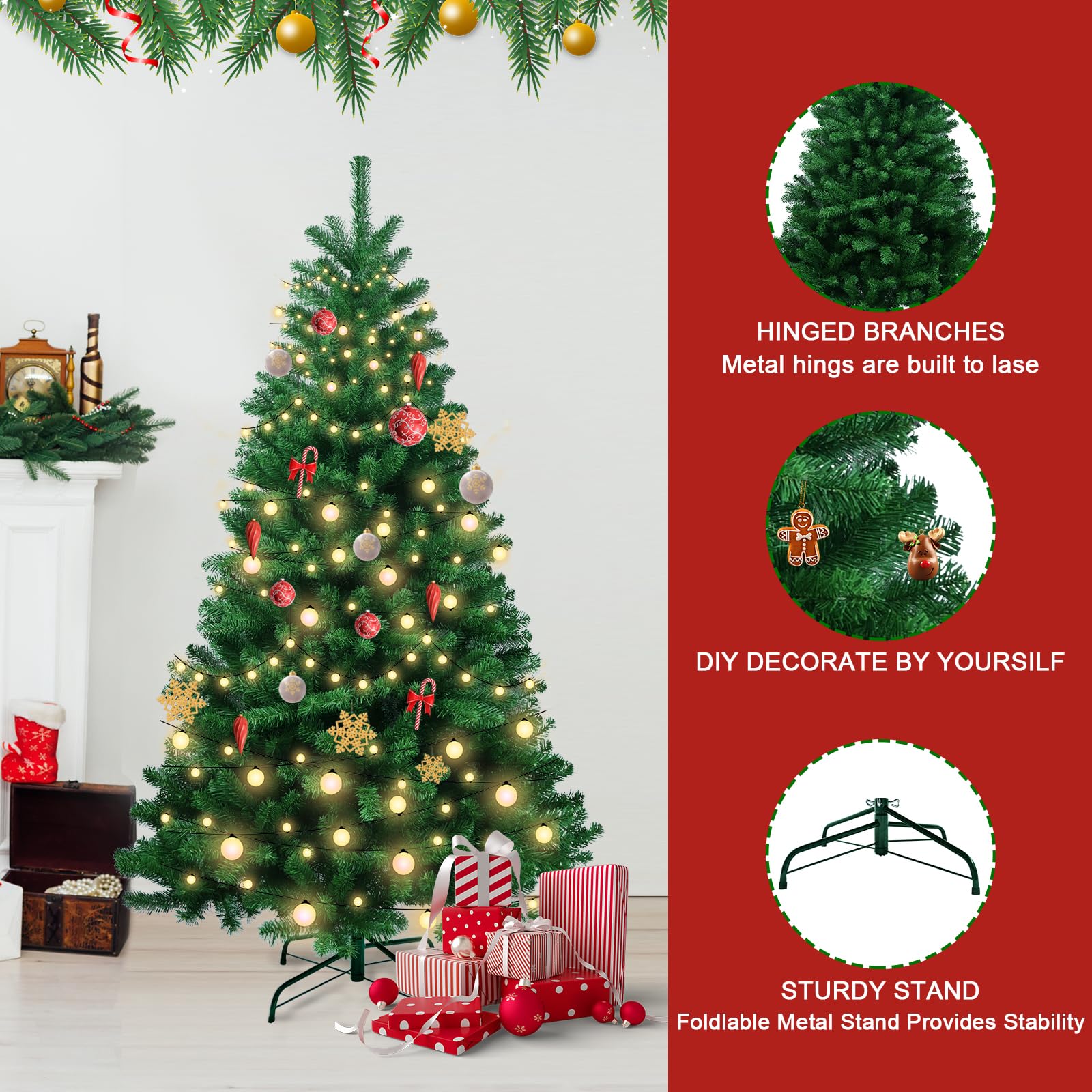 4ft Artificial Christmas Tree, Premium Hinged Spruce Christmas Trees Easy Assembly with Metal Foldable Stand, Fluffy Holiday Xmas Tree for Home Party Decoration