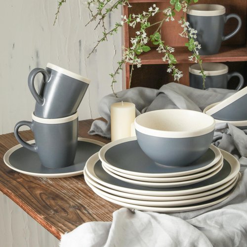 Stone Lain Serenity Stoneware, Service for 4, Plates and Bowls Sets, Dark Gray and Cream Dinnerware, Dishwasher & Microwave Safe, 16-Piece