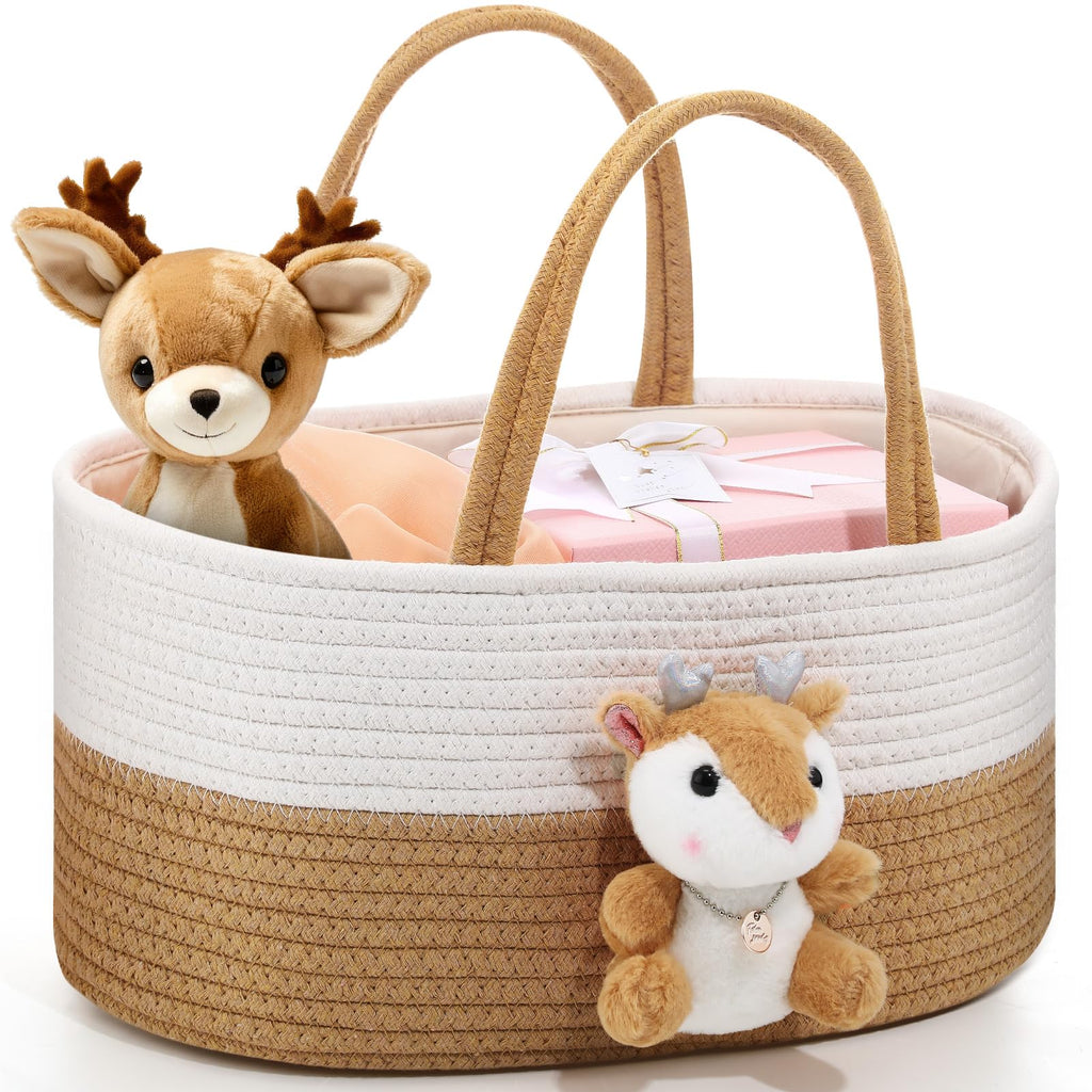 FoldTier Cute Deer Diaper Caddy Organizer Cotton Rope Woodland Nursery Storage Bin Basket Baby Shower Basket Gift Portable Holder Tote Bag with Handle for Changing Table Car Travel(L)