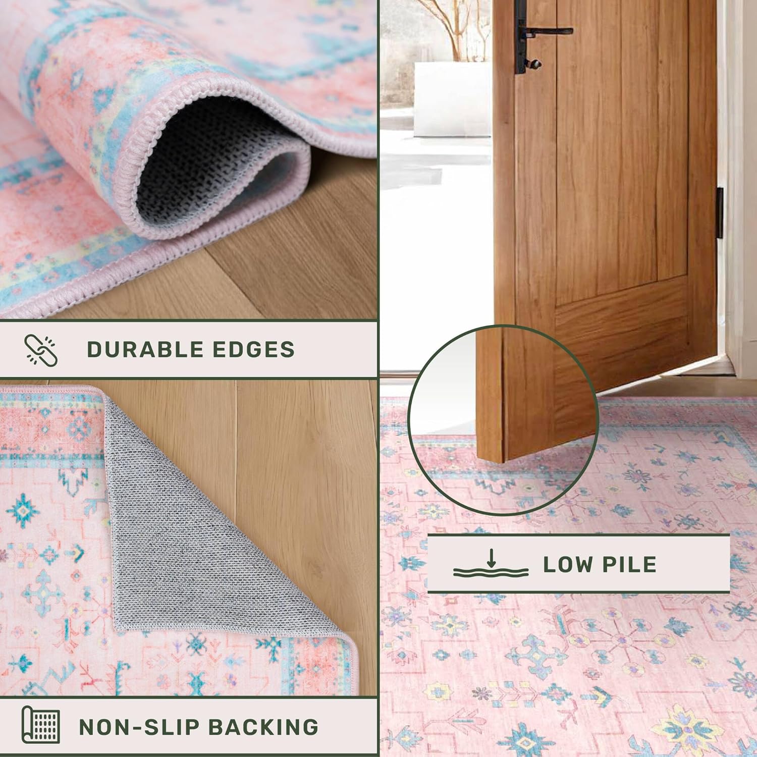 Skiennix Boho Area Rug - Washable Pink & Blue Floral Design | 6x8 Soft Non-Slip Carpet for Kids' Rooms