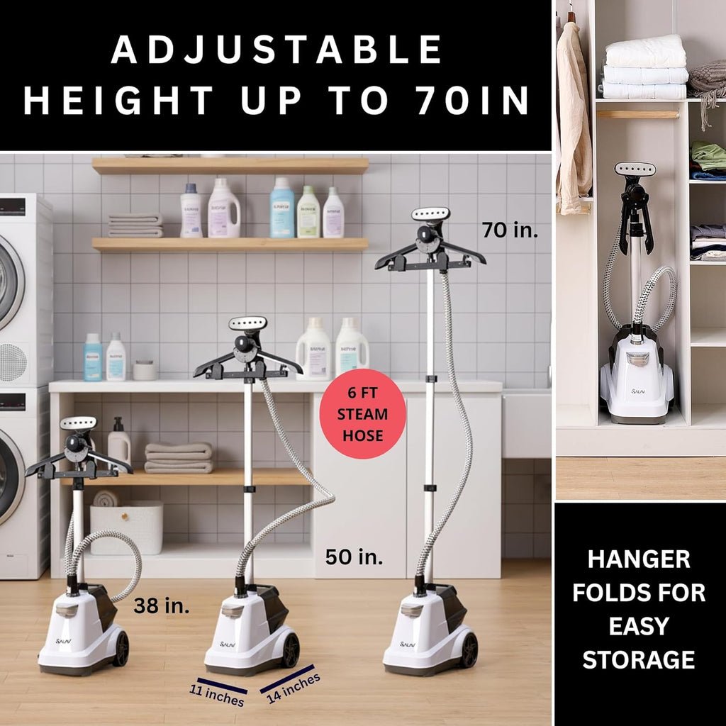 SALAV Heavy Duty Garment Steamer - 1800W with Foot Pedals & 3L Water Tank | 90+ Min Continuous Steam (White)