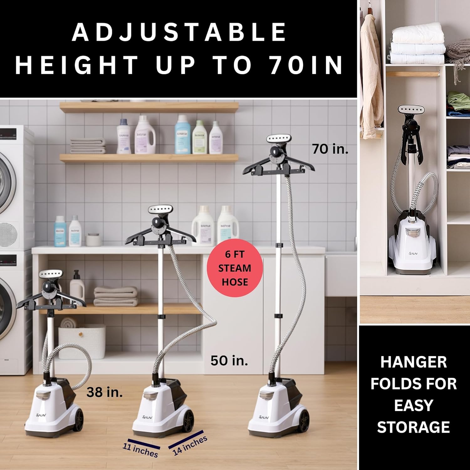 SALAV Heavy Duty Garment Steamer - 1800W with Foot Pedals & 3L Water Tank | 90+ Min Continuous Steam (White)