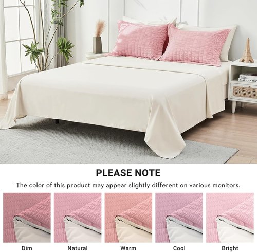 HYMOKEGE King Size Comforter Set - Luxurious Seersucker 7-Piece Bedding Set in Pink/Ivory