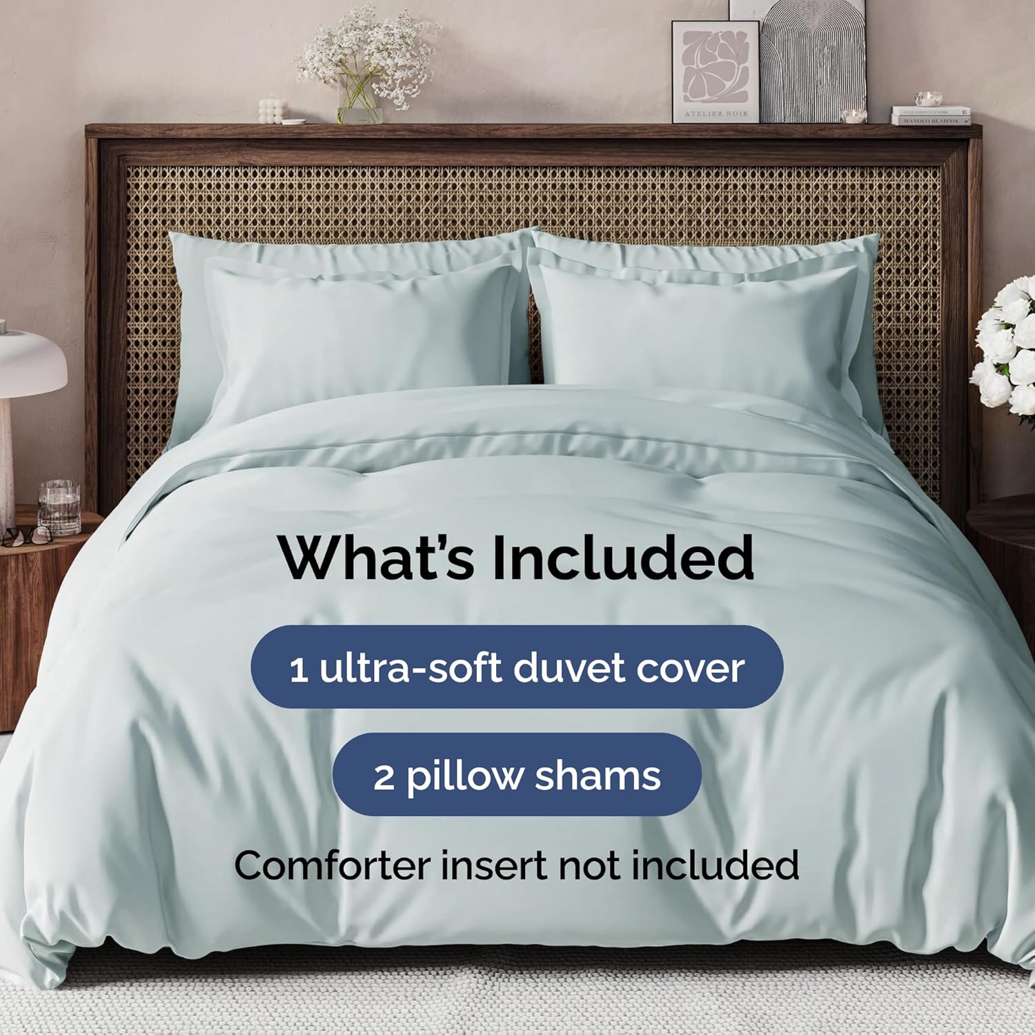 Skiennix Queen Duvet Cover Set - Extra Soft 90" x 90" Hotel Luxury with 2 Pillow Shams - Easy Care & Fade Free (Ice Blue)