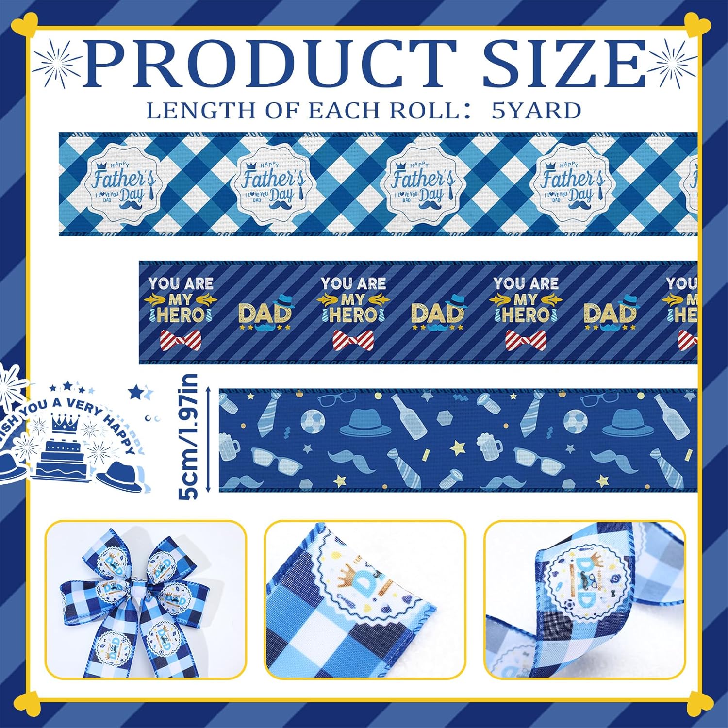 Skiennix Father's Day Wired Edge Ribbon - Blue Tie Hat Pattern | 6 Rolls, 30 Yards for Crafting & Gifts
