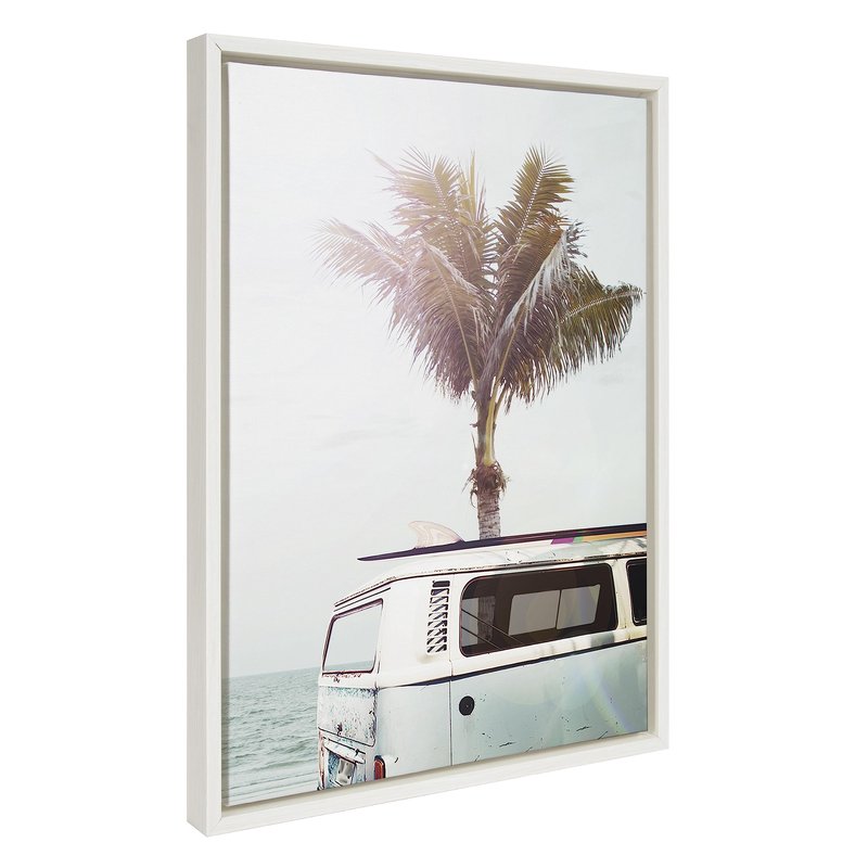 Kate and Laurel Sylvie Blue Beach Van Framed Canvas Wall Art by Amy Peterson Art Studio 18x24 White Soft Coastal Ocean Beach Art for Wall