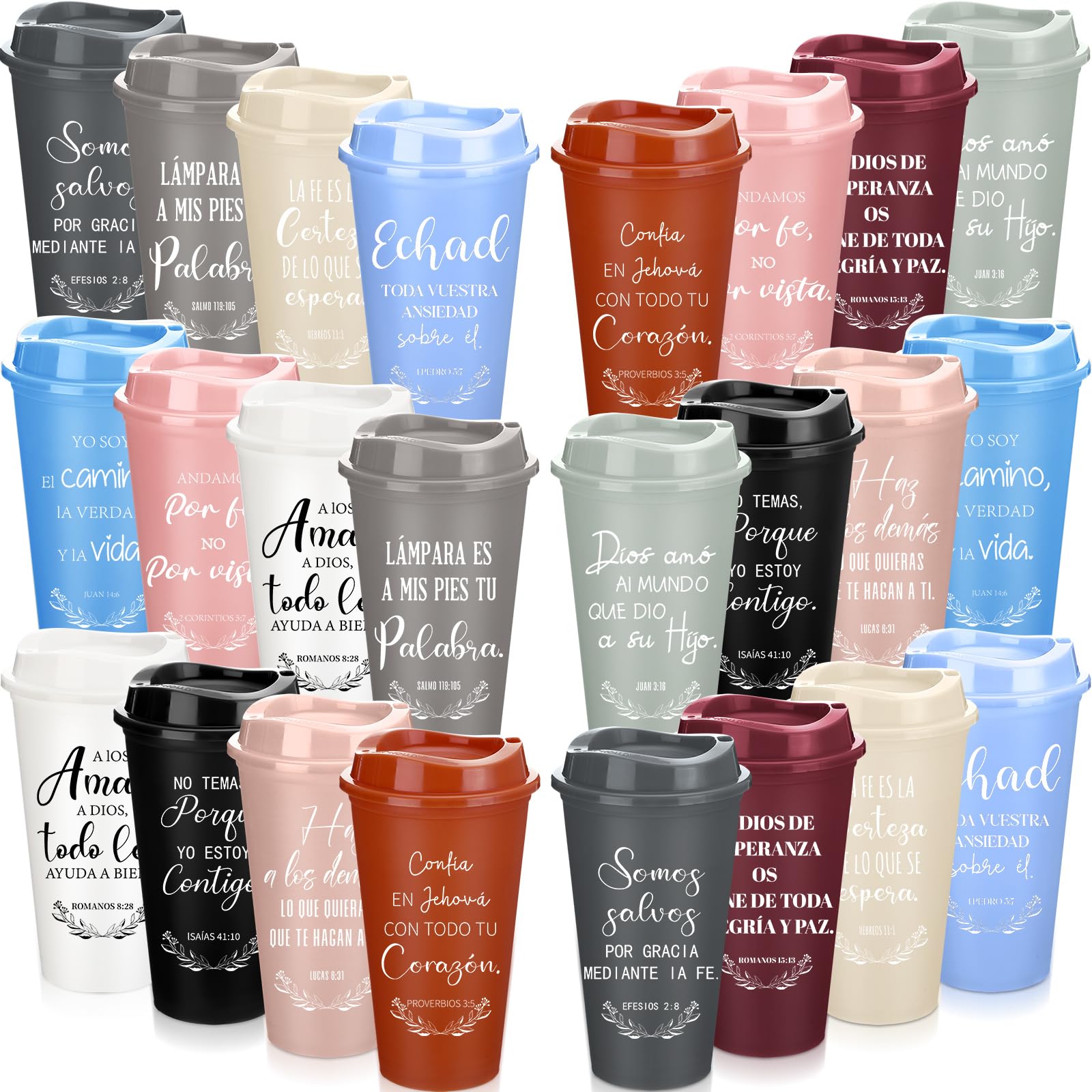 Zhehao Spanish Bible Verse Tumblers Bulk, 16 oz Reusable Plastic Coffee Cups with Lids, Christian Scripture Drinking Cups for Church Events, Teacher Appreciation, Spring Gifts(Morandi,24)