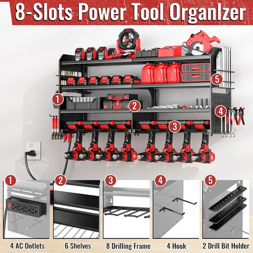 Large Power Tool Organizer by [Brand Name] - Heavy Duty Wall Mount with Charging Station & 8 Drill Holders | Black