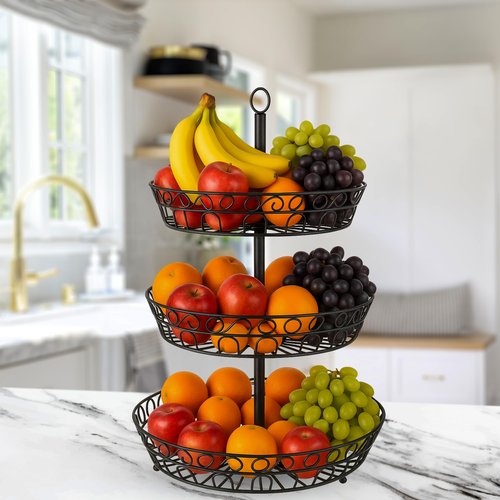 SDZOREN Large 3-Tier Fruit Basket for Kitchen Counter – Easy to Assemble, Antique Black, Stackable Fruit and Vegetable Storage (3 Layers, Round)