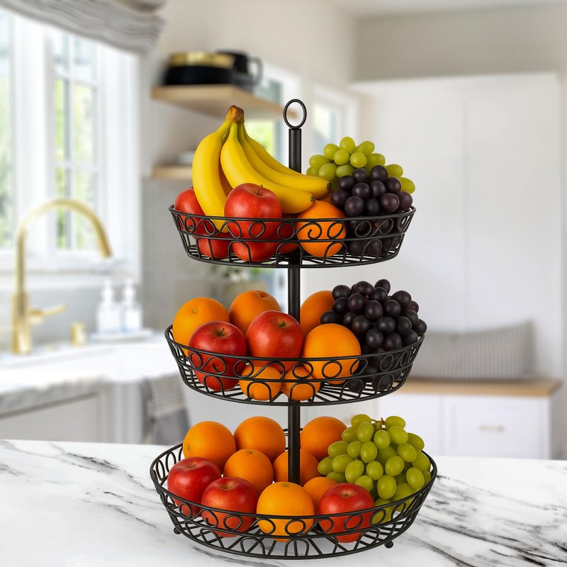 SDZOREN Large 3-Tier Fruit Basket for Kitchen Counter – Easy to Assemble, Antique Black, Stackable Fruit and Vegetable Storage Bowl (3 Layers)