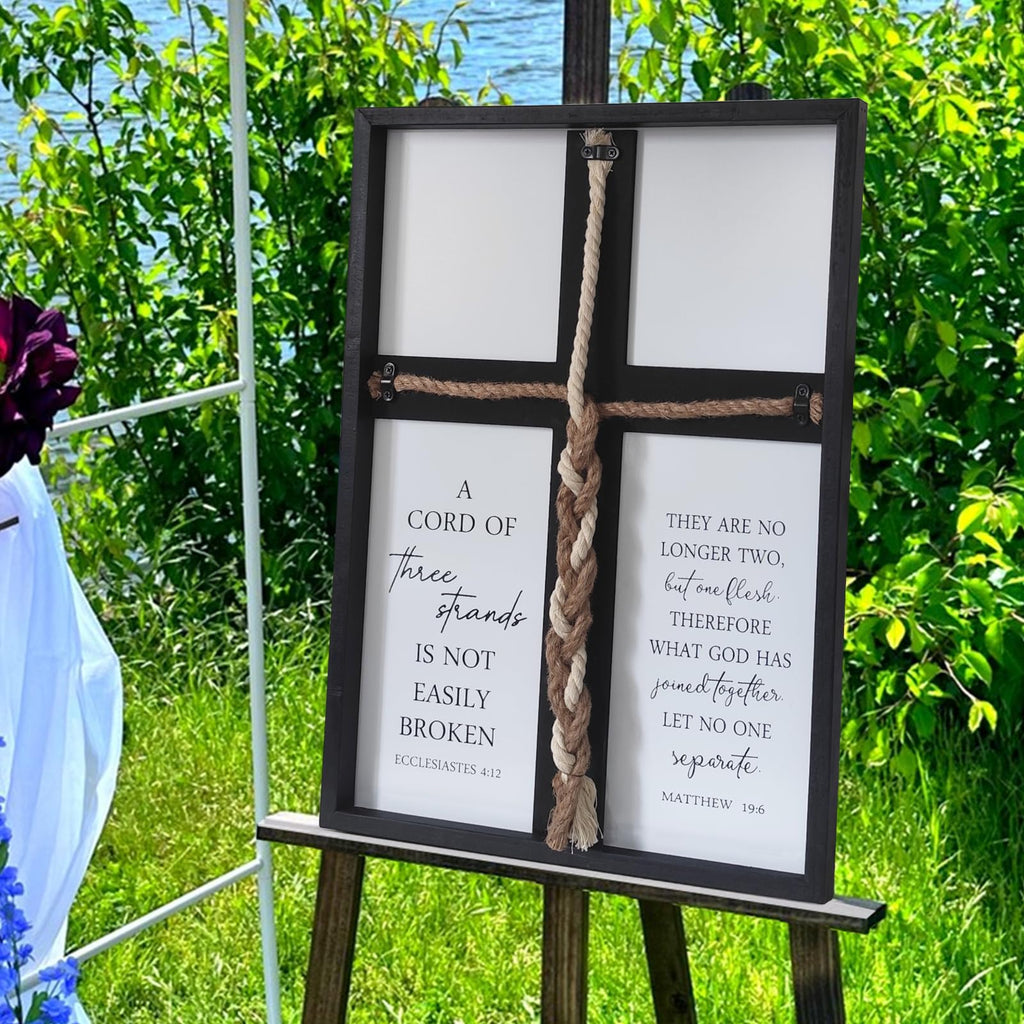 Surfapans A Cord of Three Strands Wedding Ceremony Wall Decor 22"X16" Sand Unity Knot Braid Art Cross Rope Sign Ecclesiastes 4:12 for Couple Anniversary Christian Marriage (Black)