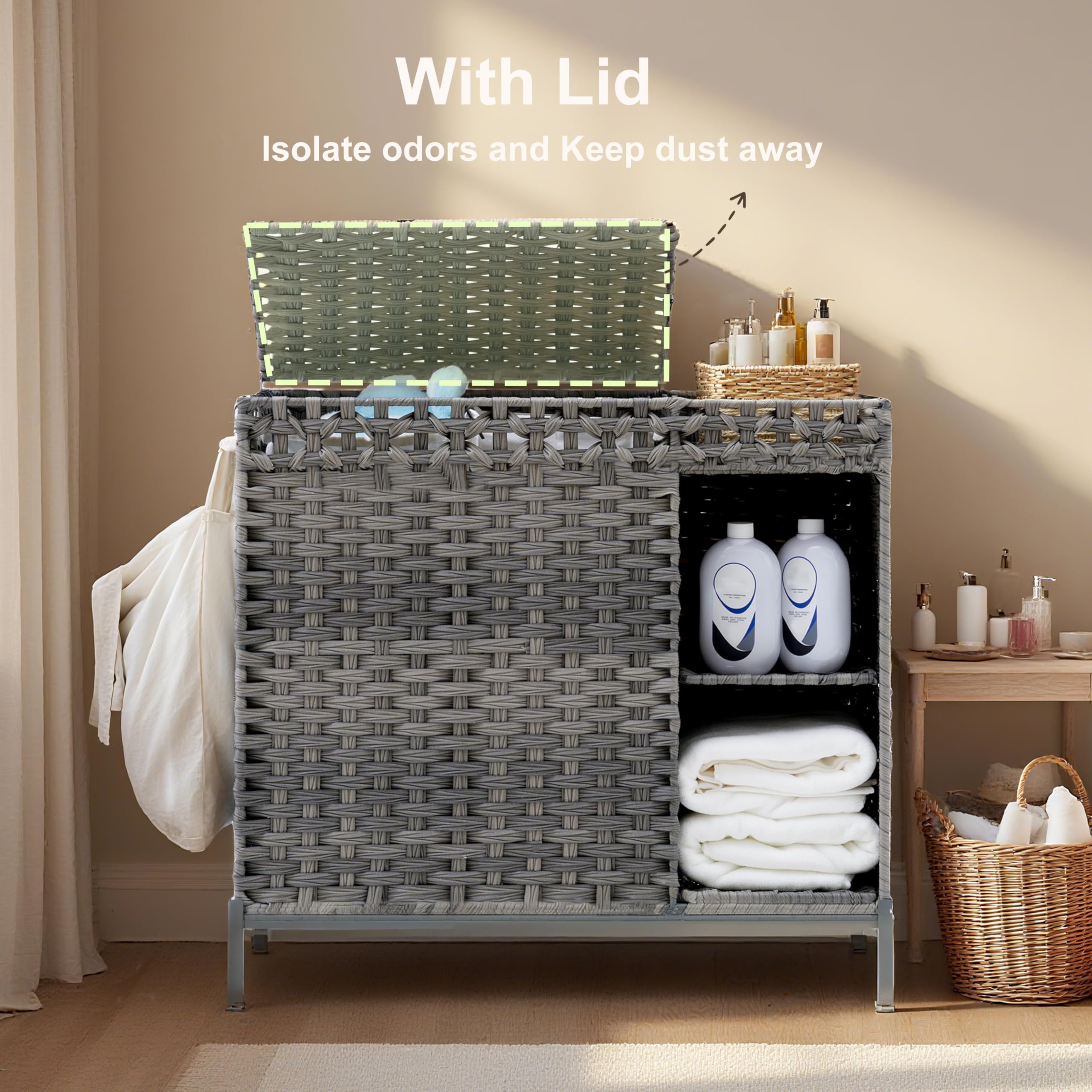Gitelsnour Laundry Hamper with Lid, 110L (29.1 Gal) Rattan Laundry Hamper 2 Section with 50L (13.2 Gal) Storage Shelf, Wicker Woven Laundry Sorter Basket with 3 Liner Bags and Handles, Gray GLH002G