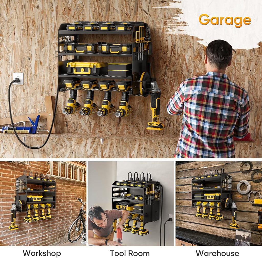 POKIPO Power Tool Organizer - Heavy-Duty Wall Mount Storage Rack with Charging Station & 8 Outlet Power Strip | 6.56 Ft Cord
