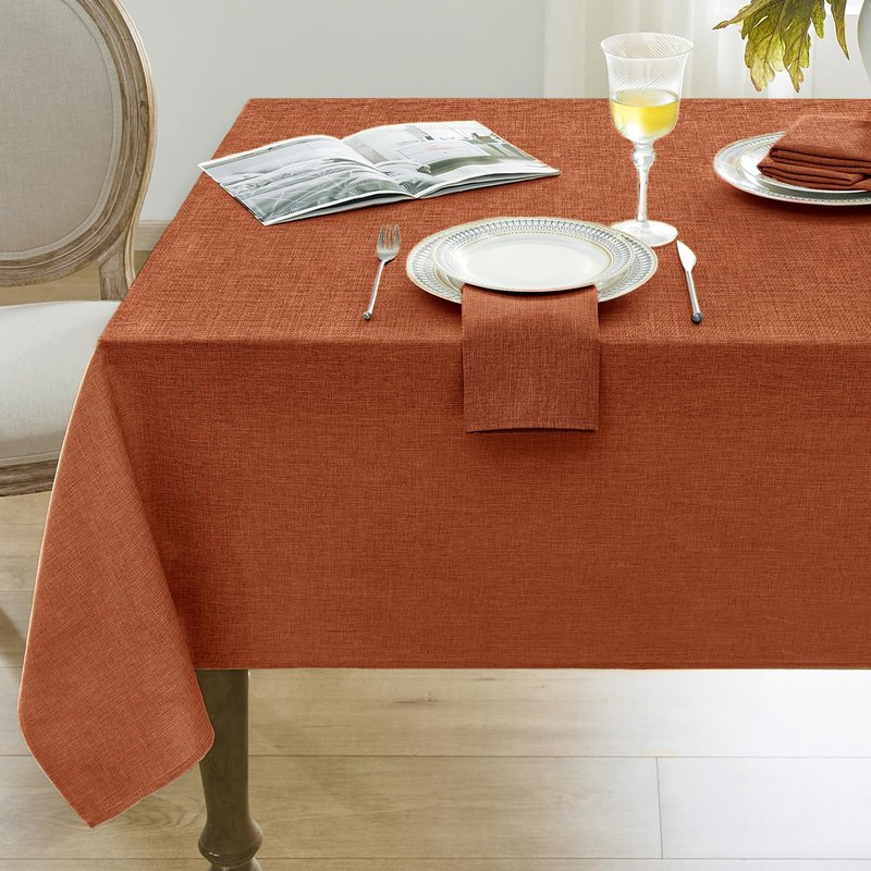 Softalker Fall Linen Textured Rectangle Tablecloth, Thanksgiving Waterproof Farmhouse Burlap Table Cloth, Stain Resistant Table Covers for Kitchen Dining Holiday Party (60 x 84, Burnt Orange)