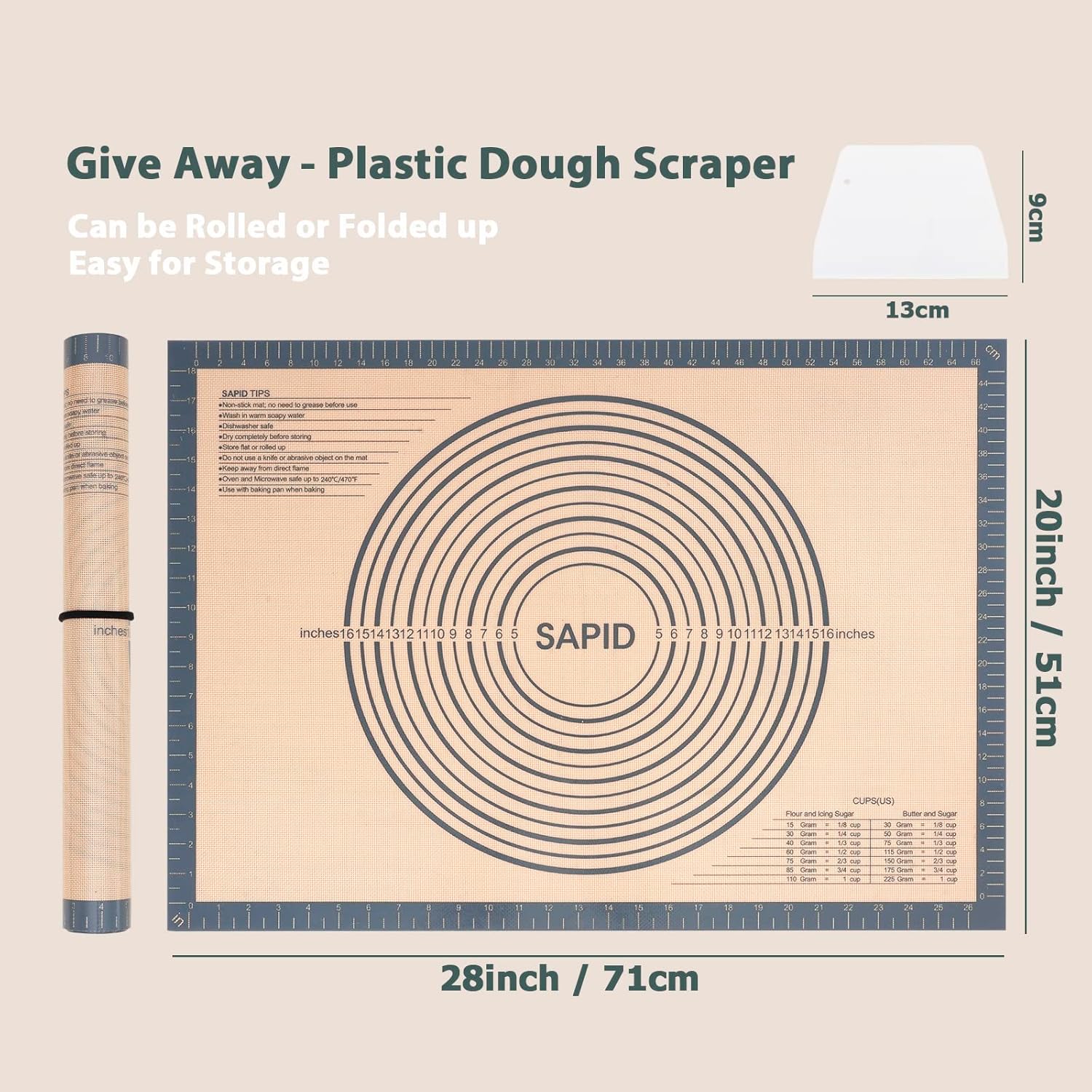 Sapid Extra Thick Silicone Baking Mat - Non-Slip with Measurements | Extra Large 20" x 28" Gray Dough Rolling Mat