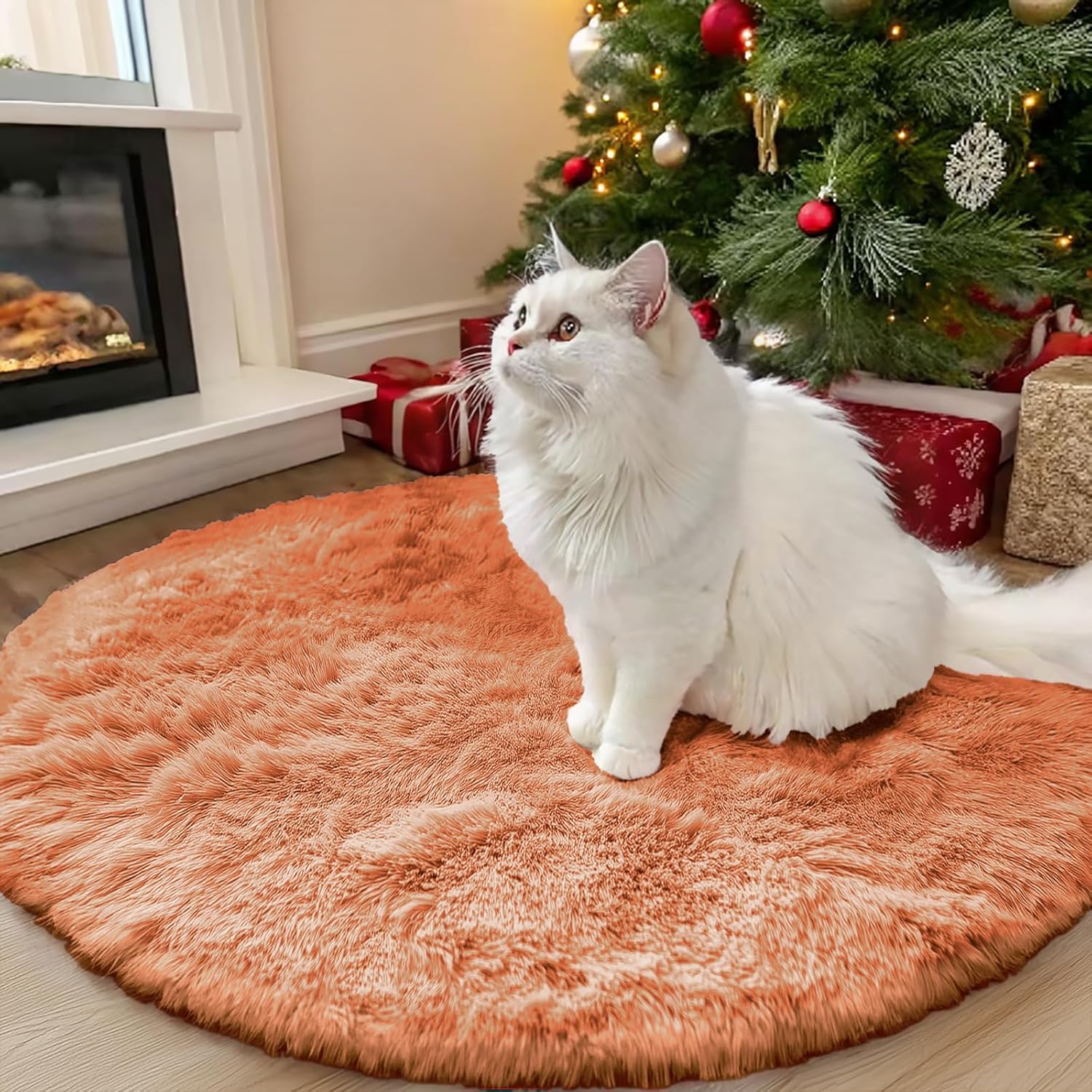 OLANLY Round Area Rug - Soft Muted Orange Shaggy Carpet, 3 ft Circle for Bedroom & Living Room Decor