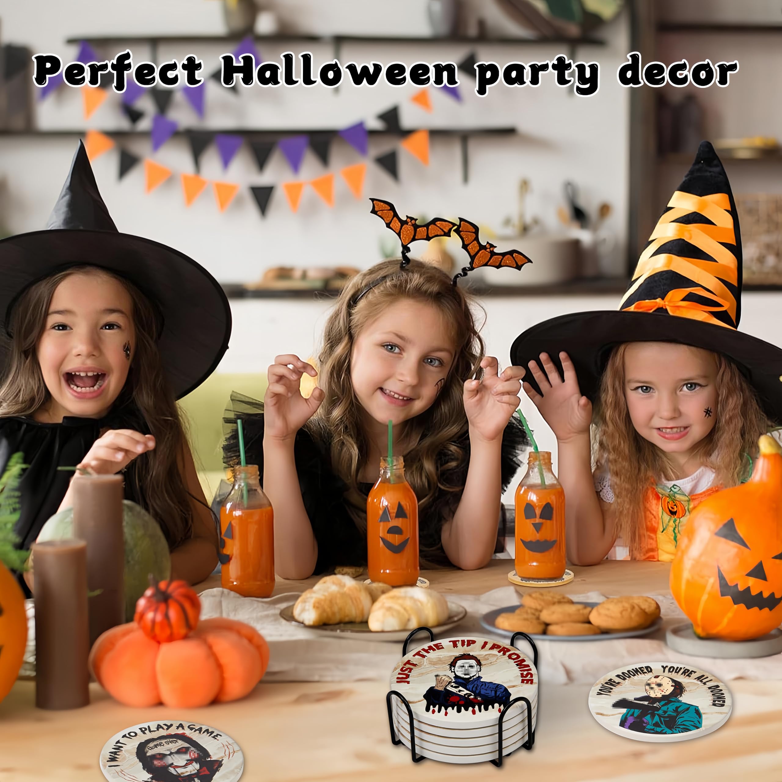 Scary Halloween Decor for Kitchen and Home,Spooky Character Stone Cork Coasters for Coffee Table Drinks,6 Pcs Scary Killer Coaster Set with Holder,Scream Themed Gift and Party Decor