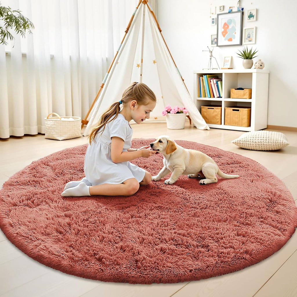 OLANLY Round Rust Red Area Rug - Soft, Fluffy, Machine Washable 5 ft Circle Carpet for Bedroom & Living Room
