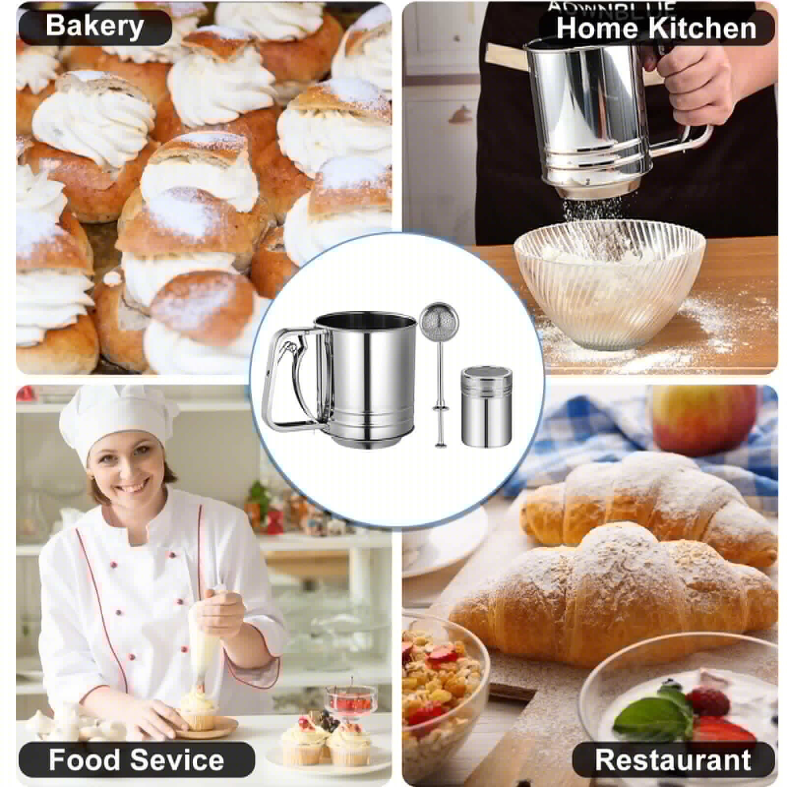 Flour Sifter Stainless Steel,3 Cup Flour Sifters for Baking,3 in1 Sifter for Baking with Powdered Sugar Shaker Duster, Flour Shaker Duster for Baking Cakes, Pastries, Pies, Cupcakes and Desserts