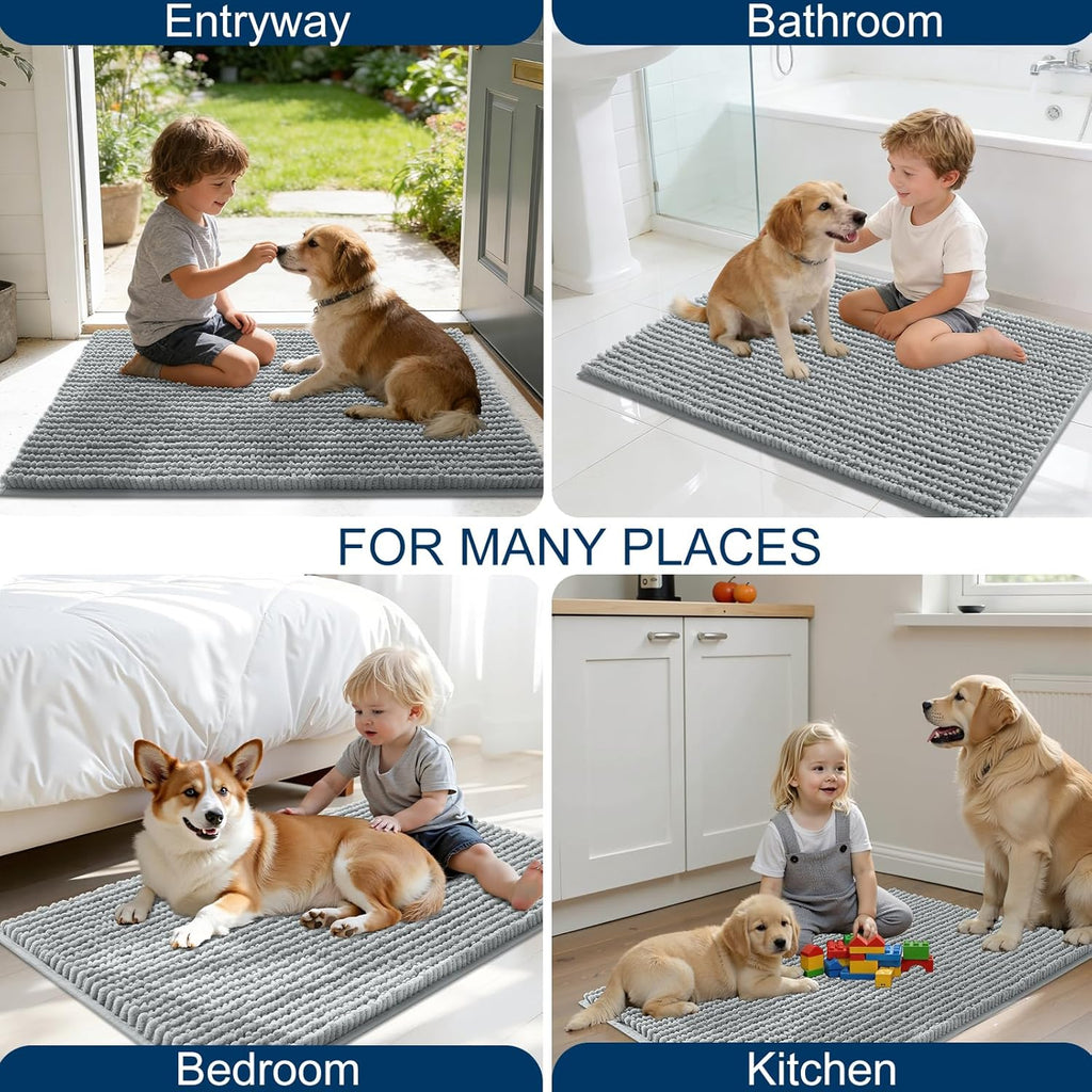 OLANLY Dog Door Mat - Ultra Absorbent Chenille Mud Doormat | Non-Slip, Washable, 47x24, Grey