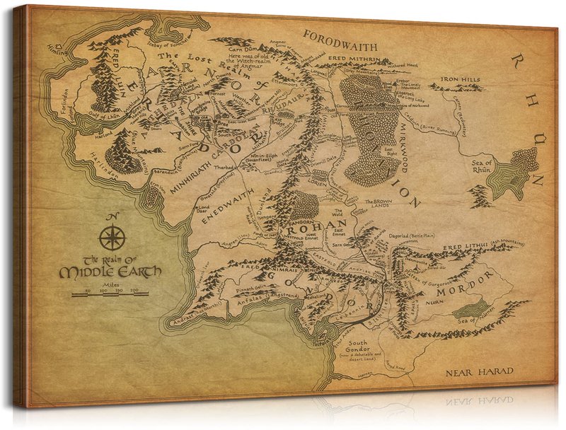 Mistyefly Middle Earth Map Wall Art Canvas Print - Fantasy Map of Middle Earth - 24''Hx36''W with Inner Wooden Frame - Lightweight & Easy to Hang - Perfect for Bedroom, Game Room Decor