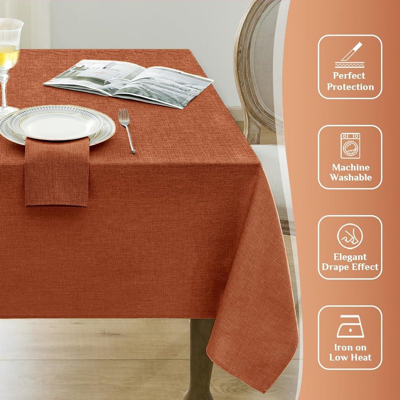 Softalker Fall Linen Textured Rectangle Tablecloth, Thanksgiving Waterproof Farmhouse Burlap Table Cloth, Stain Resistant Table Covers for Kitchen Dining Holiday Party (60 x 84, Burnt Orange)