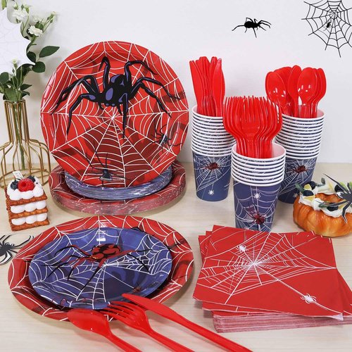 175Pcs Spider Web Birthday Decorations Plates Set 25 Guests Spider Theme Paper Plates Napkins Cups Tableware Party Supplies