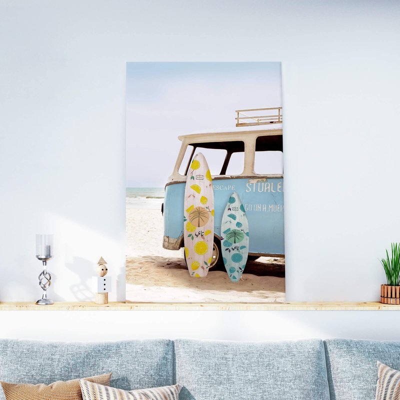 Coastal Beach Canvas Wall Art: Tropical Hawaii Ocean Painting Surfboard Prints Surfer Picture Vintage Seaside Van Artwork for Bathroom Bedroom Living Room