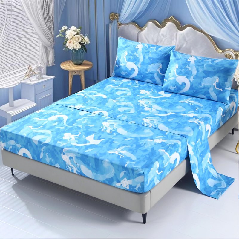 SDIII 4PCS Blue Mermaid Queen Sheets Set, Soft Microfiber Princess Sheets Set Queen, Blue Mermaid Bed Sheet for Girls Kids and Teens, Deep Pocket