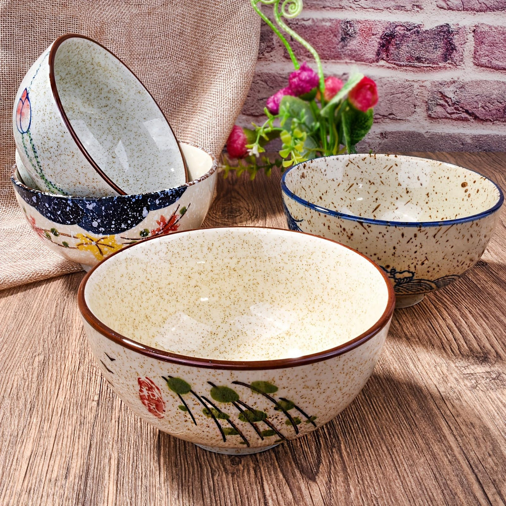 Whitenesser Japanese Retro Rice Bowls Set of 4 Hand-Painted Floral Design Ceramic Soup Sushi Bowls Small Cute Bowls