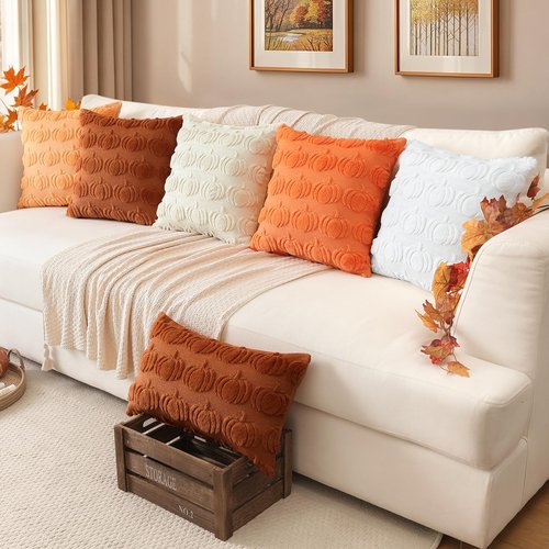 Artscope Fall Pillow Covers 18 x 18 Set of 2 Decorative Autumn Harvest Holiday Pumpkin Throw Pillow Cases Soft Plush Faux Fur Couch Cushion Case for Farmhouse Halloween Sofa Bed Room Home Decor-Beige