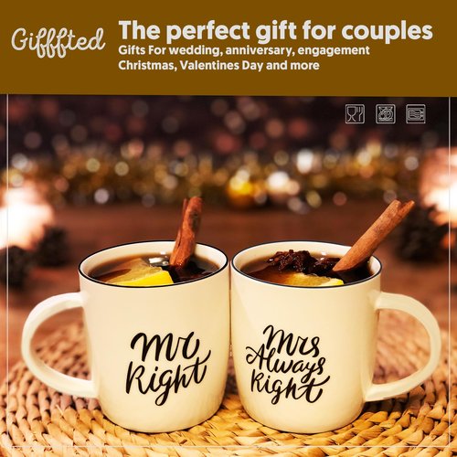 Triple Gifffted Mr Right Mrs Always Right Coffee Mugs Gifts Ideas for Couples, Wedding Anniversary, Engagement, Christmas, His & Hers, Bride and Groom, Parents, Newlyweds Bridal Shower, Ceramic 380ml