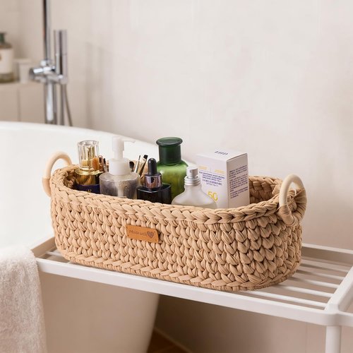 Handwoven Basket by [Brand Name] - Stylish Toilet Paper Storage with Wooden Base & Handles | Boho Modern Decor (Brown)