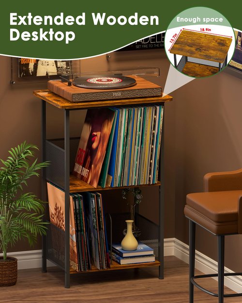 Honkazita Vinyl Record Player Stand for 200 Albums - Solid Wood Turntable Table with Extended Desktop, Space-Saving LP Holder Cabinet for Living Room, Bedroom & Home Office