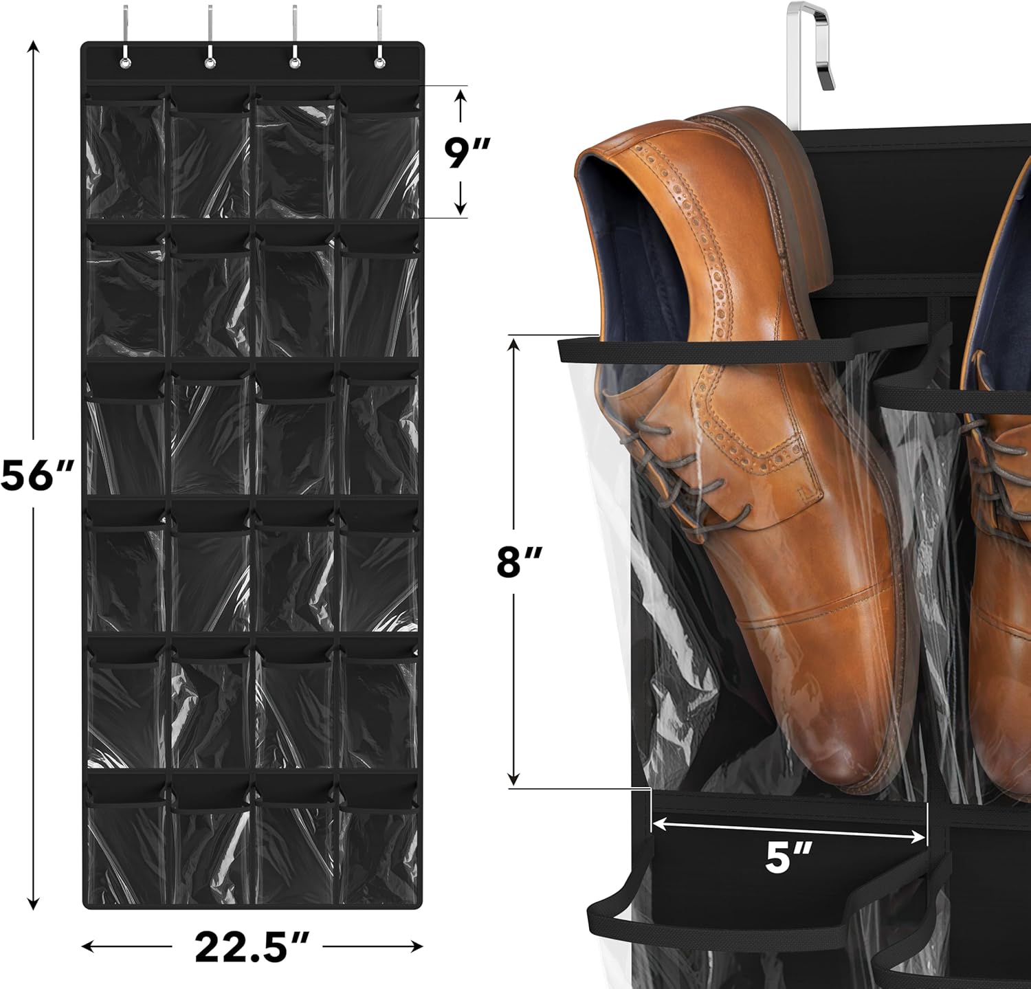 Simple Houseware 24-Pocket Over-The-Door Shoe Organizer - Large Clear Pockets, Black (56" x 22.5")