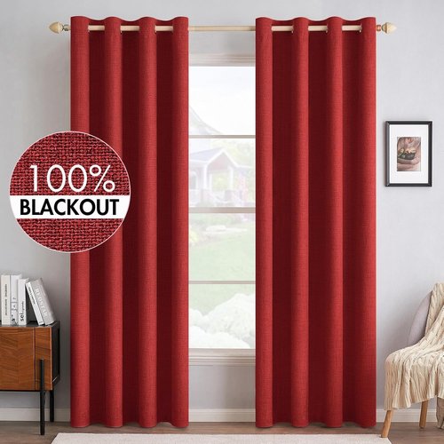 MIULEE 100% Blackout Linen Curtains - Thermal Insulated Red Grommet Drapes for Bedroom | 52 x 96 Inch (2 Panels)