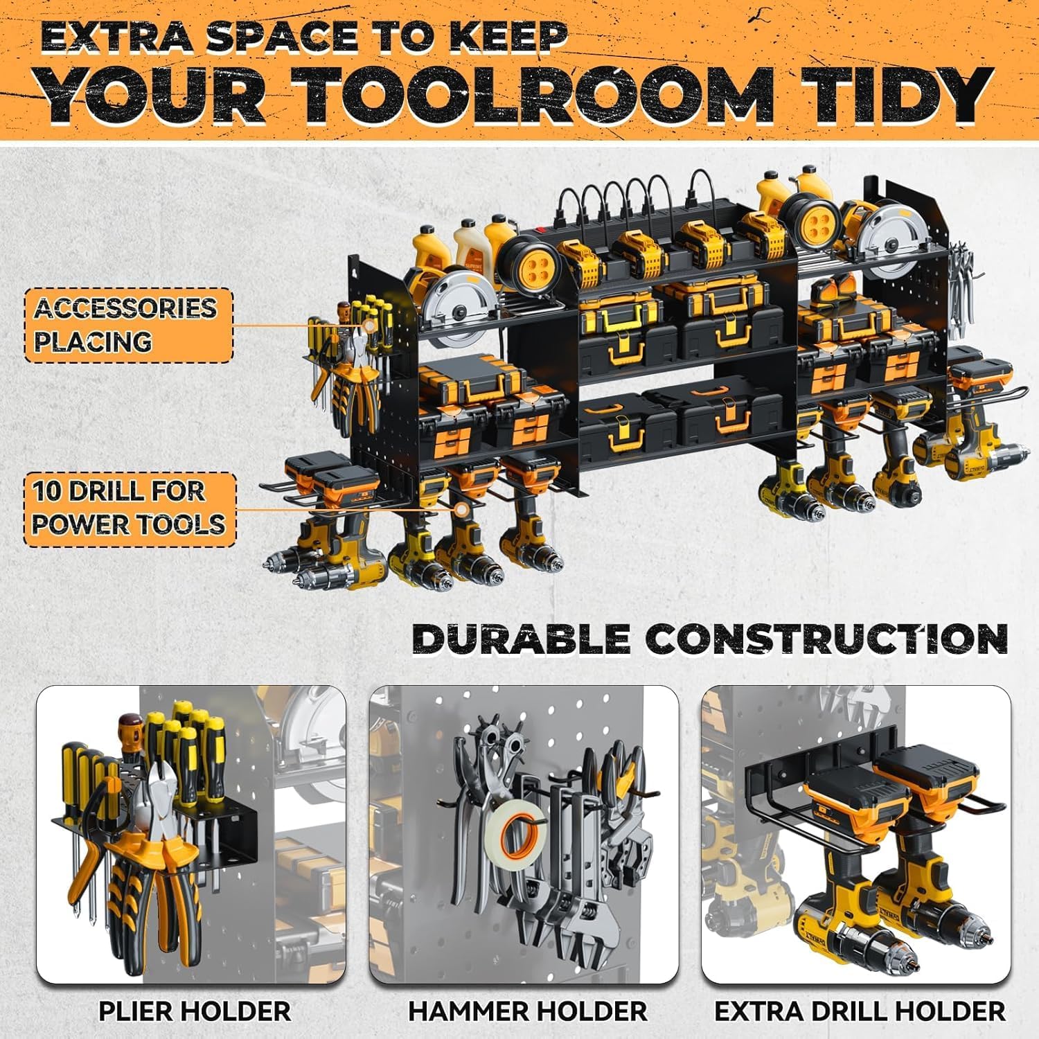 Upgrade Large Power Tool Organizer - Wall Mount with Charging Station & 10 Drill Holders | Garage Storage Rack