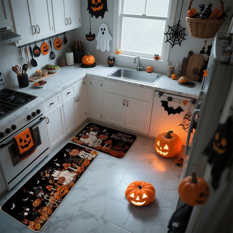 Moutina Happy Halloween Ghost Mushroom Pumpkin Skeleton Decorative Kitchen Rugs Set of 2, Halloween Holiday Party Home Decor Low-Profile Kitchen Mats for Floor - 17x29 and 17x47 Inch Black
