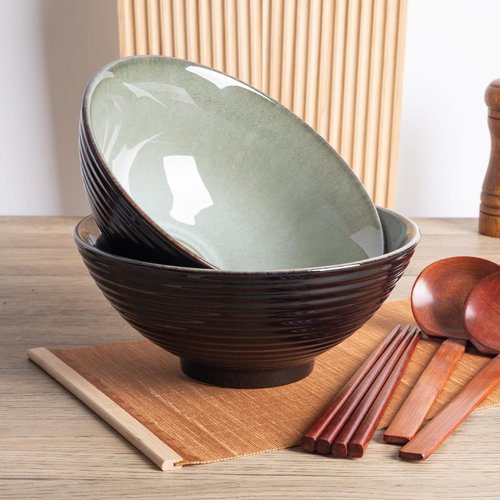 Tacuhy 40oz Japanese Ceramic Ramen Bowl Set of 2 with Chopsticks and Spoons for Pho Udon Asian Soup Noodles (Grayish Green)