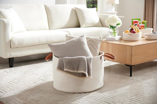 Luxury Nursery Storage Basket - 100% Cotton Rope, Extra Large 22 x 22 x 14 Inches | Off White with Leather Handles for Toys, Blankets & More