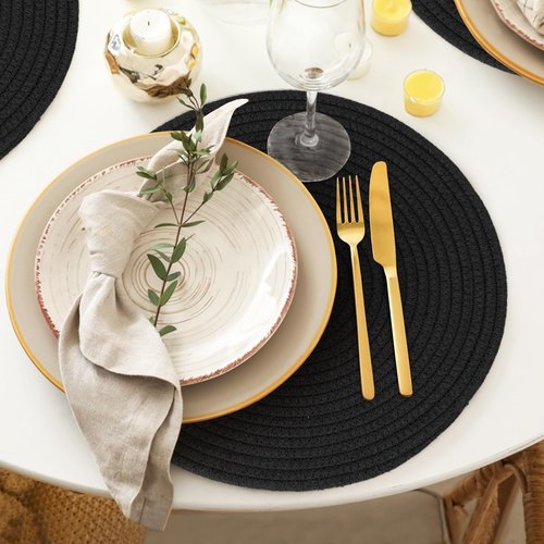 MEGASKET Placemats Set of 6, 13" Round Woven Table Mats, Cotton Rope Placemats for Kitchen and Dining Table, Farmhouse Wicker Rattan Place Mats for Decor, Non Slip, Heat Resistant Hot Pods, Black