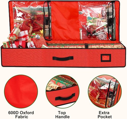 HikooLSS Wrapping Paper Organizer - Heavy Duty 600D Tear-Proof Storage Container | Red with Flexible Partitions