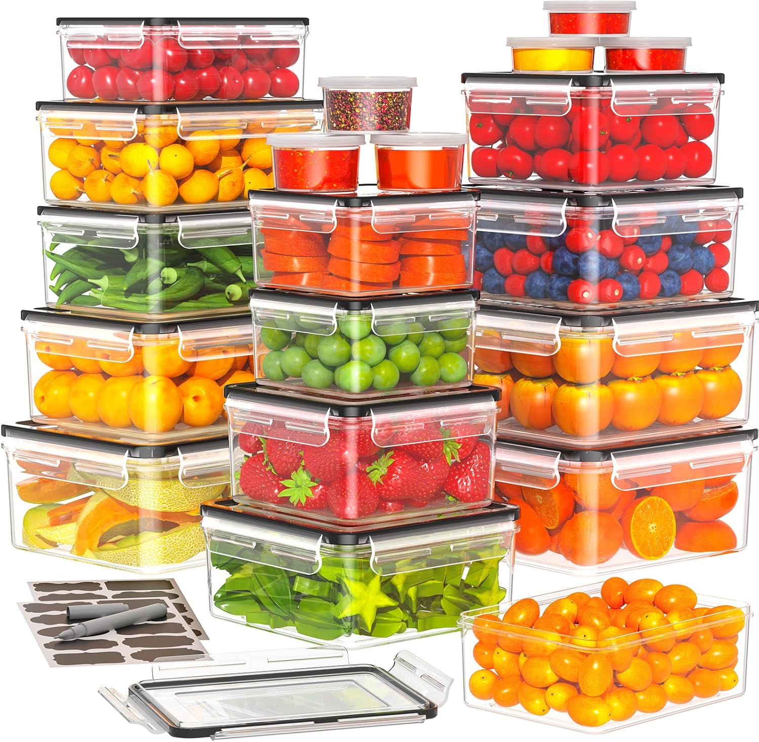 TOPCHASE Food Storage Containers - 40 PCS Airtight Plastic Set with Lids, BPA-Free, Leakproof, Includes Labels & Pen