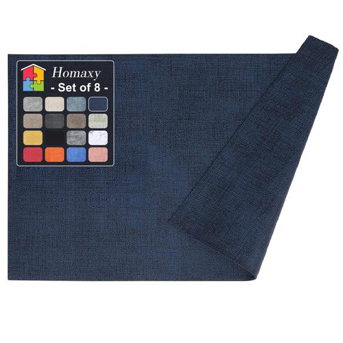 Homaxy Faux Leather Heat Resistant Placemats for Dining Table Set of 8, Waterproof Wipeable Washable PU Table Mats, Easy to Clean Anti-Slip Place Mats, 11.8" x 17", Navy Blue