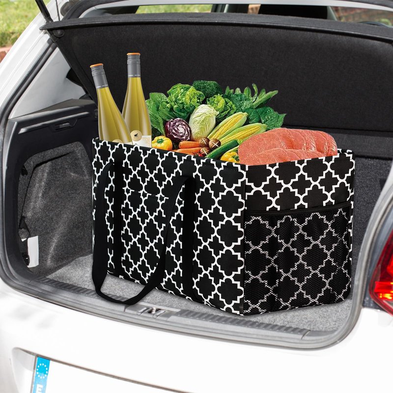 GhvyenntteS Extra Large Utility Tote Bag 2 Pack - Stand Up Utility Tote with Metal Wire Frame & Hard Bottom Board, Reusable Grocery Bags With Handles for Storage, Picnics, Beach, Laundry, Car, Camping