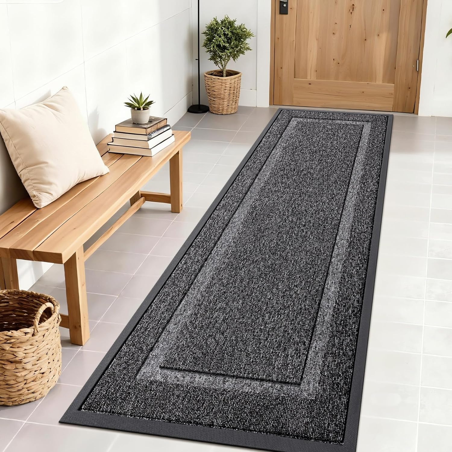 OLANLY Waterproof Front Door Mat - All-Season Indoor/Outdoor Doormat | Sturdy Natural Rubber, 71x23, Black & White
