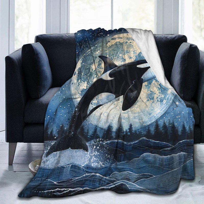 Orca Whale Blanket Killer Whale Moon Decor Throw Blankets Ultra Soft Cozy Fuzzy Plush Fleece Flannel Ocean Life Blanket Gifts for Whale Lover Girls Women Boys Men Kids for Bedding Sofa 40"X50"