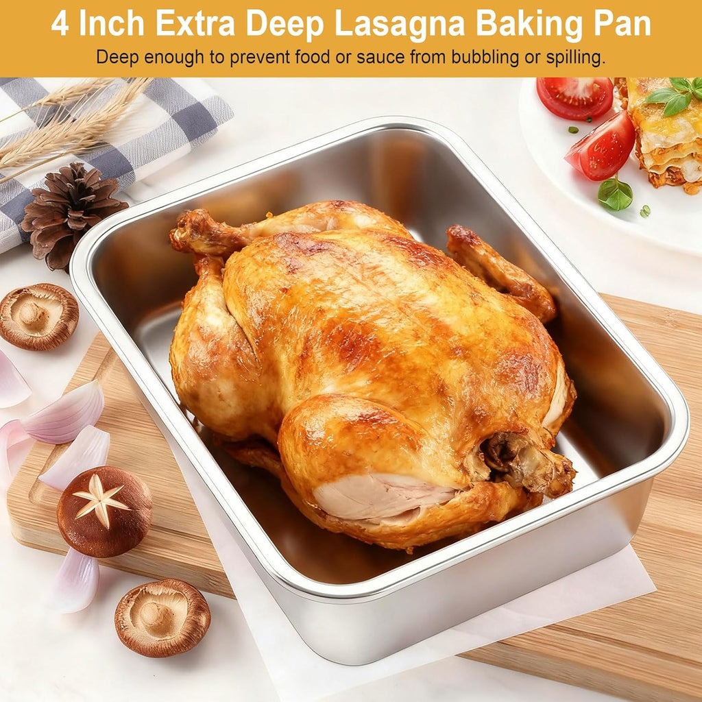 Regine Switzerland 4-Inch Deep Lasagna Pan Set - Stainless Steel Baking Pans with Lids | 7.4QT & 5.1QT Sizes